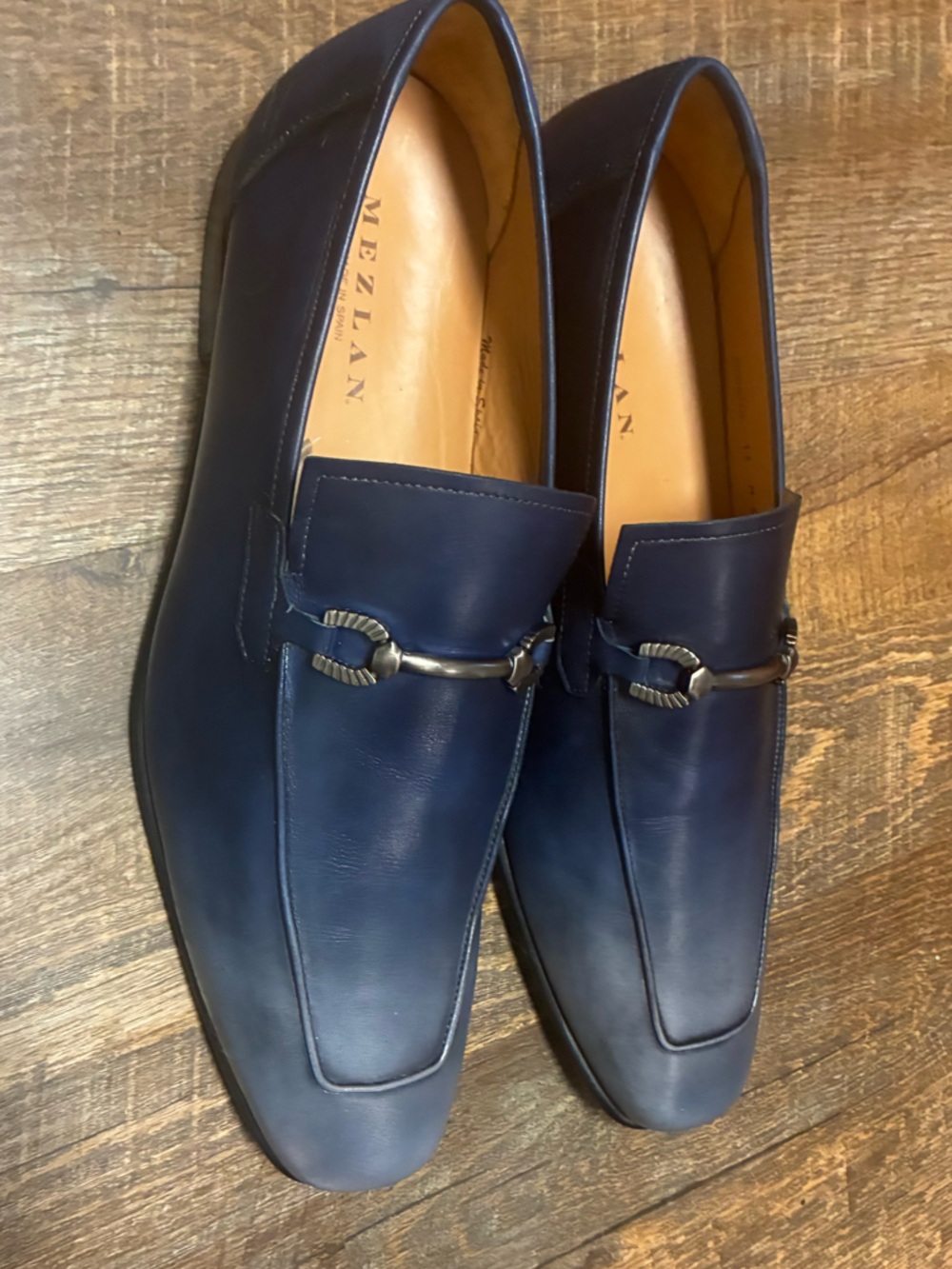 Mezlan Brunello Two-Tone Bit Loafers - Pearl Grey & Navy Blue Leather. Size 13